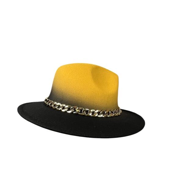 Ombre Black and Yellow Fedora with Cuban Link Chain - Picture 2 of 4
